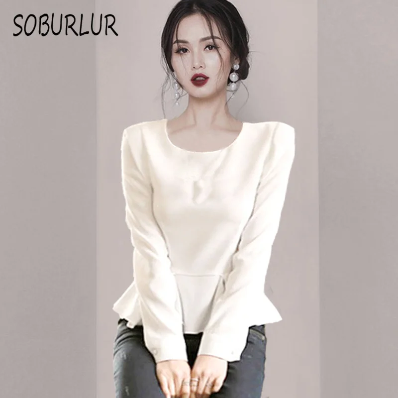 

SOBURLUR OL Tunics Solid Color Woman Clothing Women's T-Shirts O-neck Ruffle White Shirts Elegant Preppy Style Pulovers Crop Top