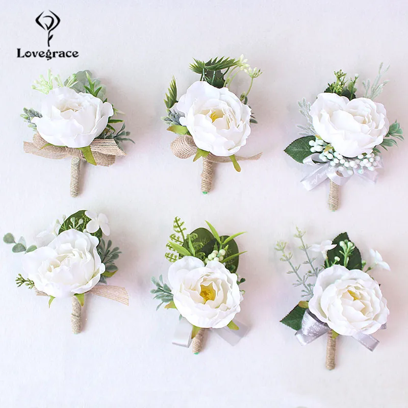 Lovegrace Lo Sposo Boutonniere Rose di Seta Bianco Spille k Boutonniere di Cerimonia Nuziale Corpetto Spille la Testimonianza di Bouquet di Fiori Da Sposa Accessori Uomo