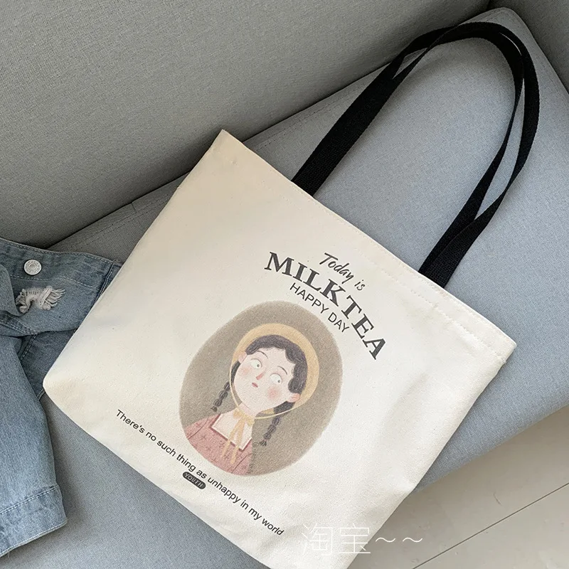 Women Canvas Cute Girl Tote Shopper Bags Ladies Casual Cotton Cloth Shoulder Bag Eco Reusable Shopping Bag Girl Beach Travel