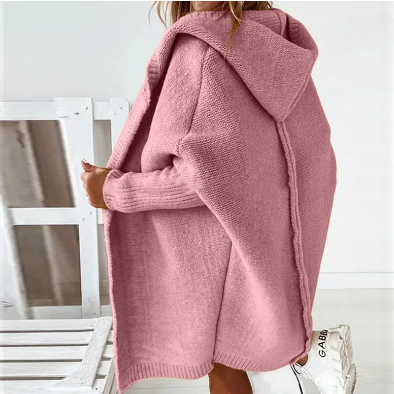 Long Hooded Cardigan Women Solid Color Braid Knit Overcoat Loose Ladies Sweaters Coat Plus