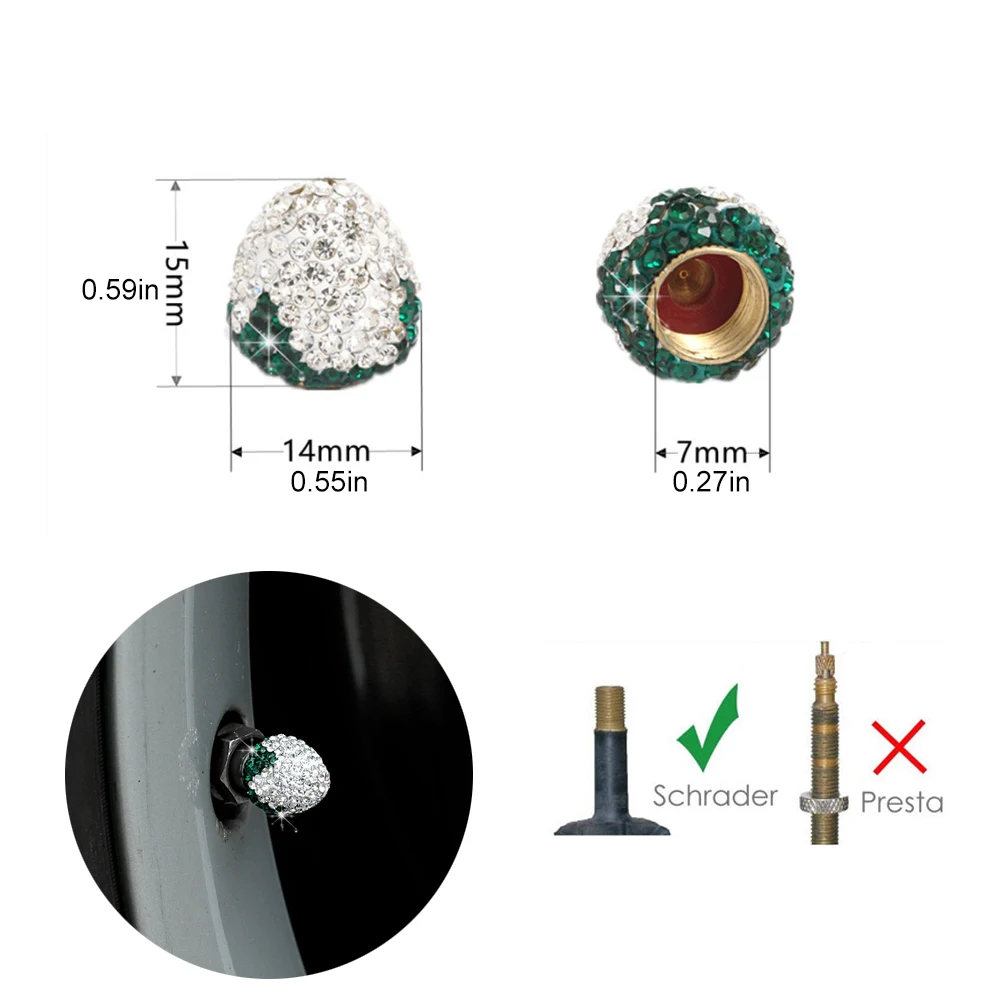 4 stks/set Aardbei Autoband Ventieldopjes, Handgemaakte Kristal Strass Stofdichte Luchtkappen Cover Universeel voor de meeste voertuigen