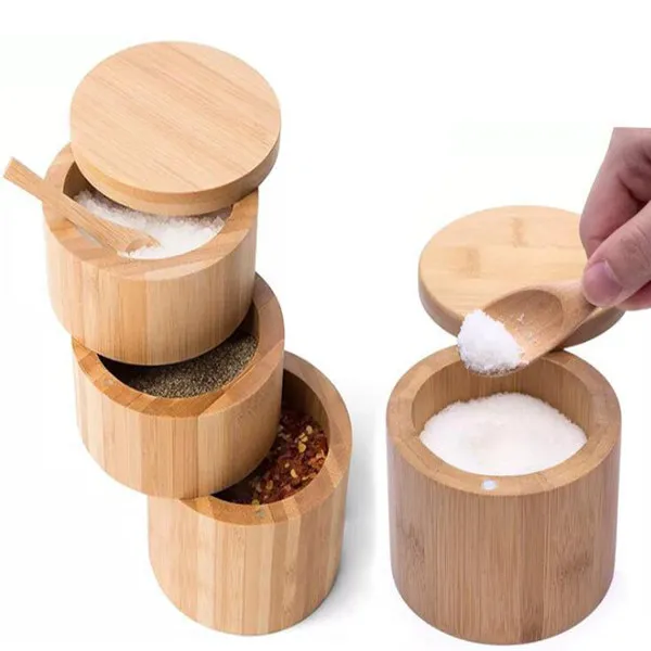 Bamboo 1 grid, 3 grid seasoning jar, rotating lid, salt shaker box, seasoning box