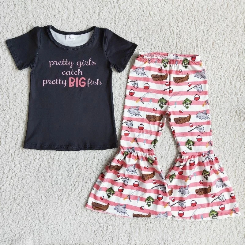 Wholesale Fall Wear Fashion Kids Letter Clothes Set Baby Toddler Girls Outfit Children Spring Boutique Fish Striped Bells Pants