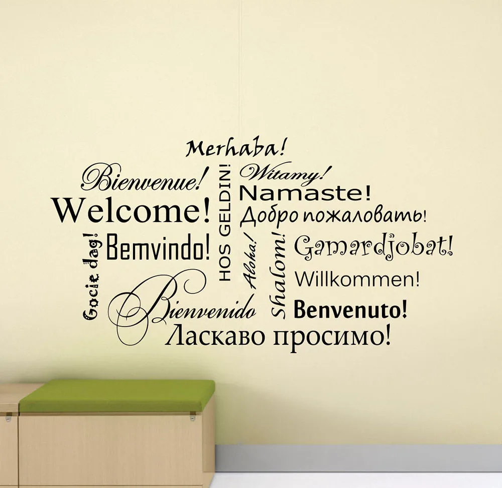 Zapraszamy naklejka znak różnych językach słowo plakat winylu naklejki klasie dekoracje biurowe cytat korytarz Wall Art A175