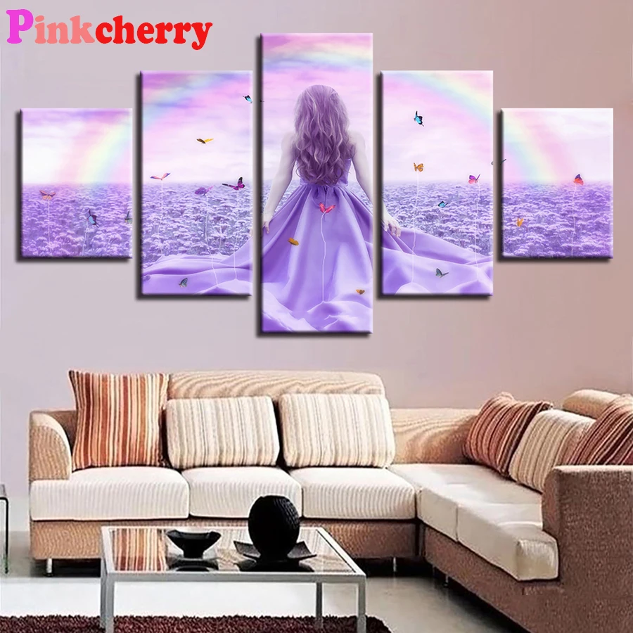 5 Pieces Diamond Painting Rainbow Butterfly Girl Lavender Pictures mosaic full Square Round Cross-Stitch rhinestone Embroidery