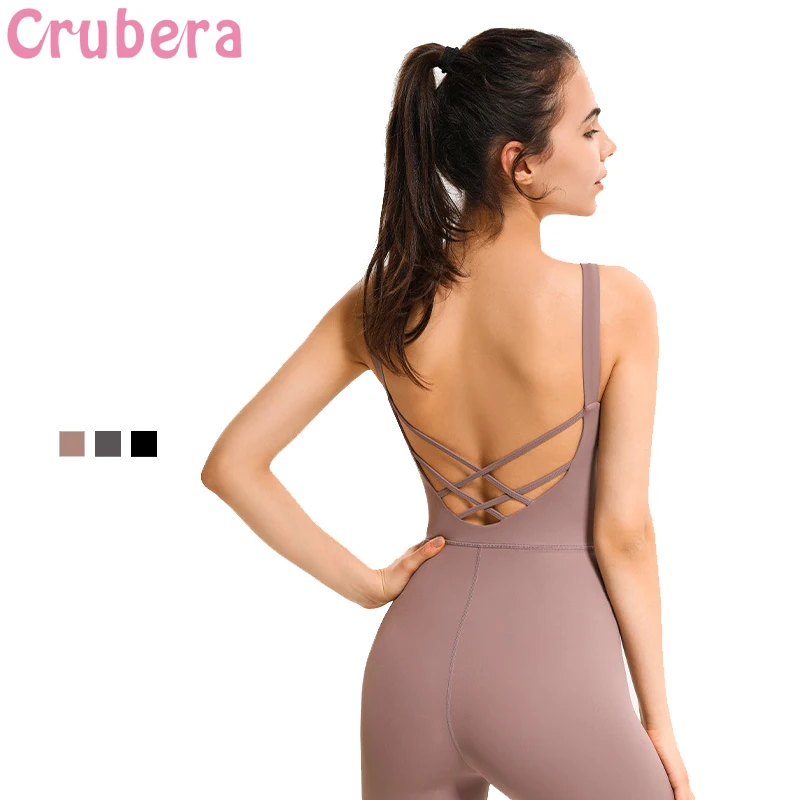 CRUBERA Summer Sleeveless Deep U Cross Hollow Beauty Back Sports Suit Women\'s Dance Fitness Stretch Athletic  Yoga Jumpsuit