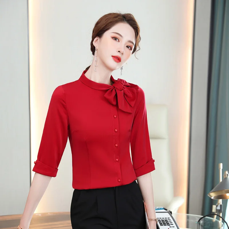 New Styles 2021 Summer Half Sleeve Blouses Shirts Elegant Red for Women Business Work Wear Bow Blouse Female Tops Clothes