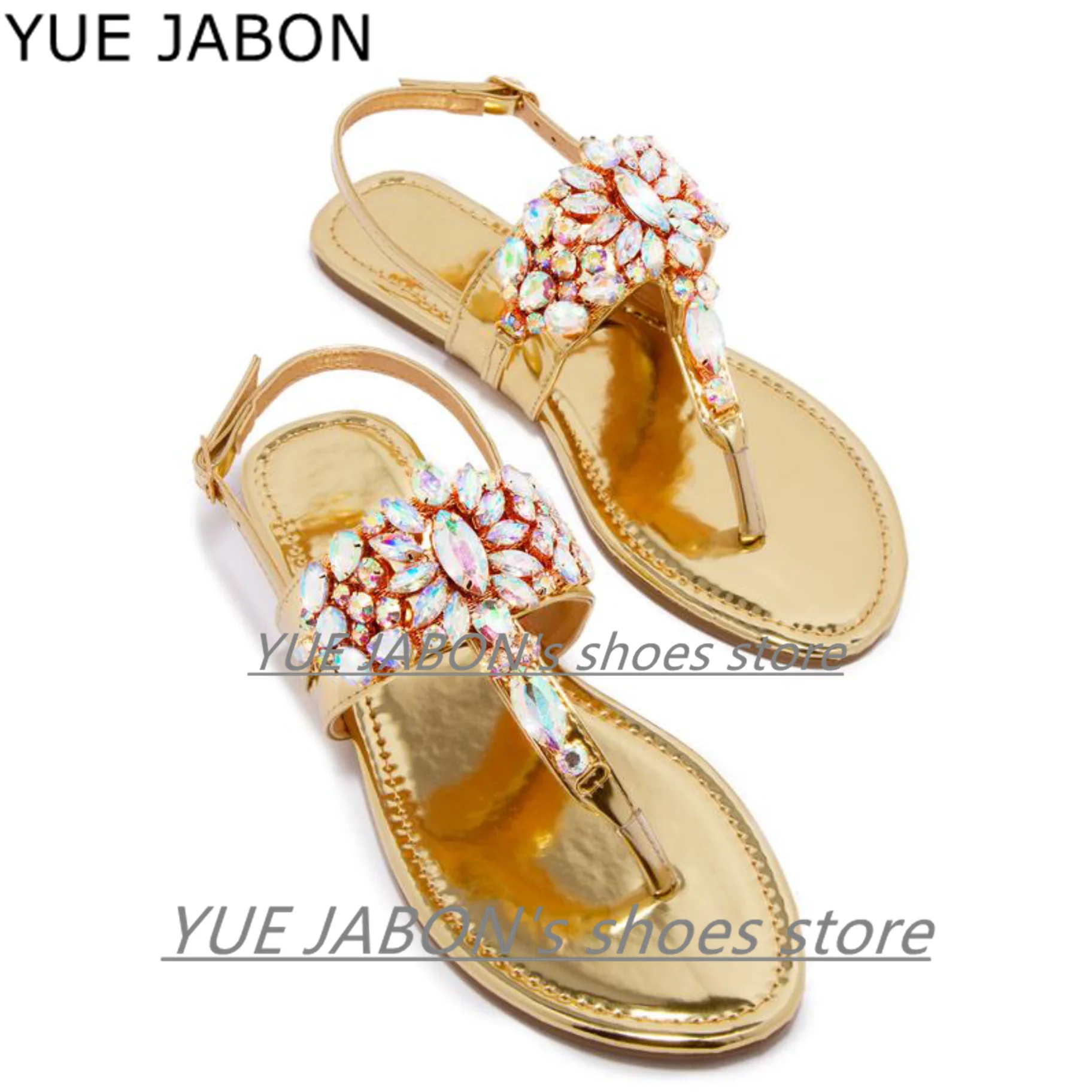 High quality Blue Black Gold Gladiator Rhinestone Flats Women Sandals Shoes Bohemia Crystal Beach Shoes For Summer Women Size 43