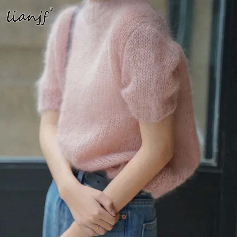 Sweater Oversize High Quality Summer 2021 Knitted O-neck Hollow Short Sleeve Pullover Solid Women Sweater Sexy Hot Pink Sweater