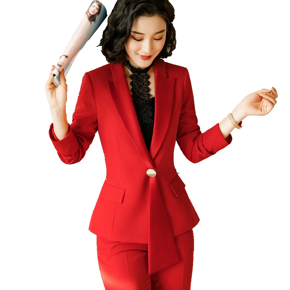 

IZICFLY Spring Fall New Style Red Pink Career Woman Suits With Pant Two Piece Ladies Elegant Business Blazer Set Trouser Work