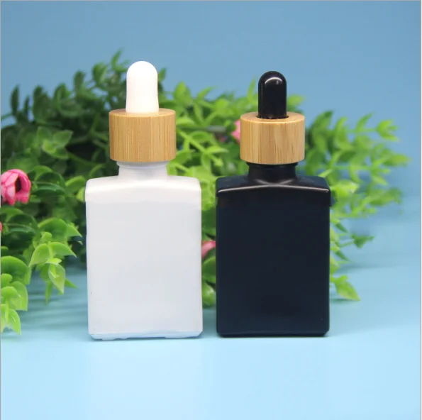 200pack Hot Sale 30ml Square Shape Bottle Glass Matte Black White rectangle Dropper Bottle Glass with bambu Lid makeup container