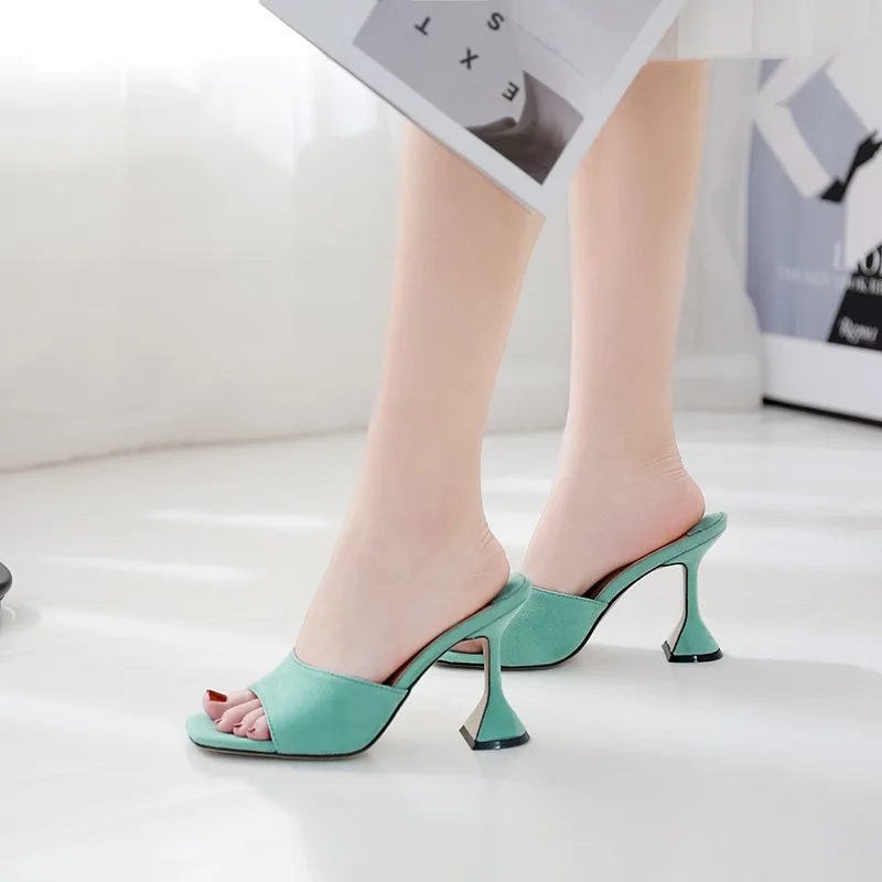 2020 Spring Shoes New Suede Square Head jiu bei gen High-Heel Women Slippers