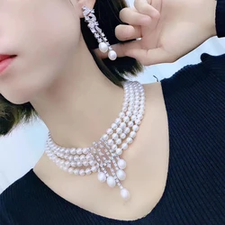 ones set  4ROWS freshwater pearl pendant necklace +earrings white near round 7-8MM wholesale nature beads FPPJ