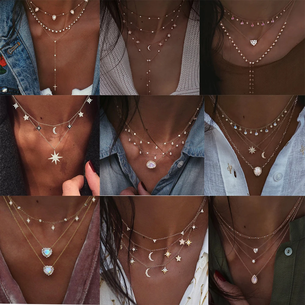 Vintage Multi-element Crystal Necklace For Women Fashion stone Necklace Multiple Layers Pendant Long Necklaces Boho Gift Jewelry