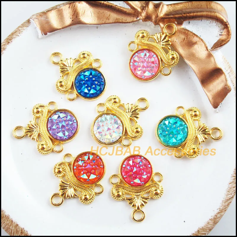 14 New Flower Charms Gold Plated Retro Mixed Round Resin Pendants 18x23mm