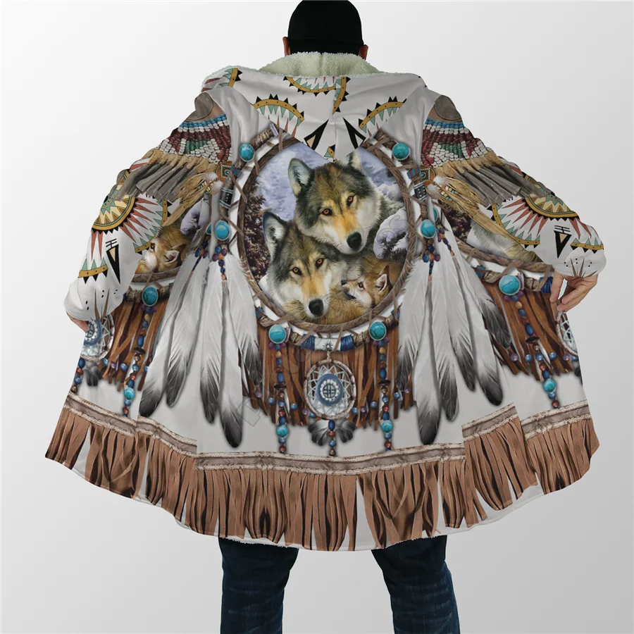 Winter Men For Women Hooded Cloak Native Spirit Wolf 3D All Over Prined Fleece wind breaker Warm Hood Cloak