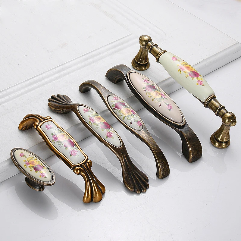 Antique Furniture Handles Vintage Drawer Pulls Ceramic Chinese Flower Door Knobs for Kitchen Cupboard Cabinet Hardware Decor