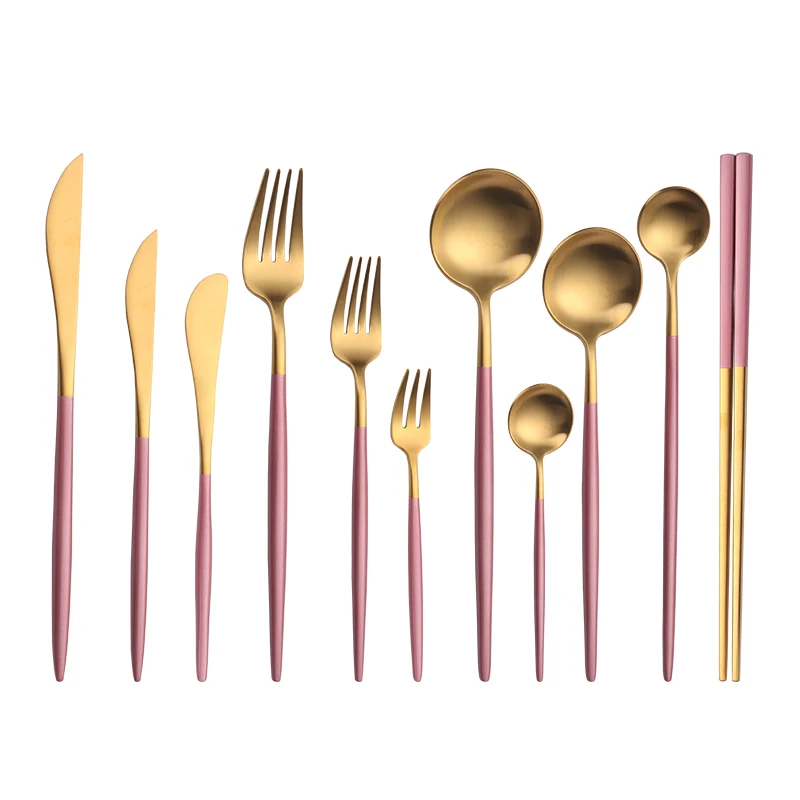 

Western Gold Cutlery Set Pink Matte Tableware Set 304 Stainless Steel Tableware Fork Fruit Fork Spoon Butter Knife Chopstick Set