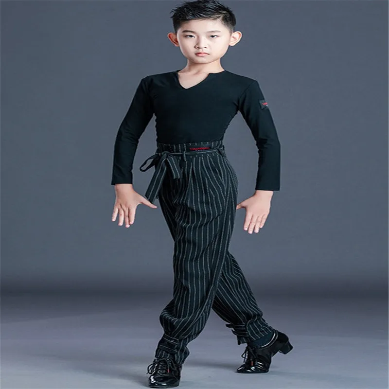 2021 Kids Latin Ballroom Dancing Costume Black/White Shirt Boys Latin Competition suit Professional Cha Cha Tango Dance Clothes