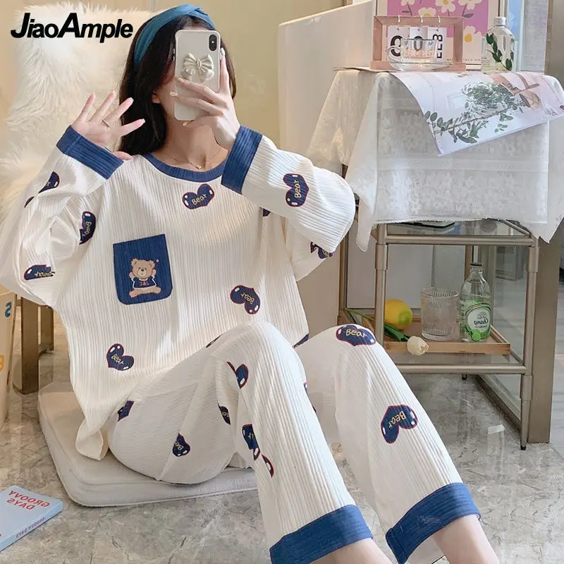 100% Double-sided Cotton Pajamas Women\'s Autumn New Long-sleeved Trousers Pijamas Set Korean Casual Nightie Sleepwear Suit