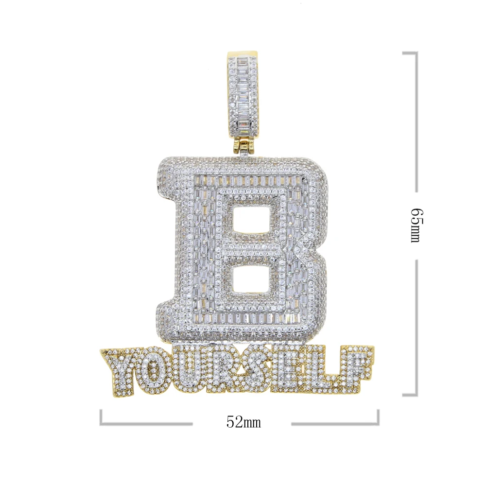 New Iced Out Bling BE YOURSELF Pendant Necklace Two Tone Color CZ Zircon Letter B Charm Men's Women Hip Hop Jewelry