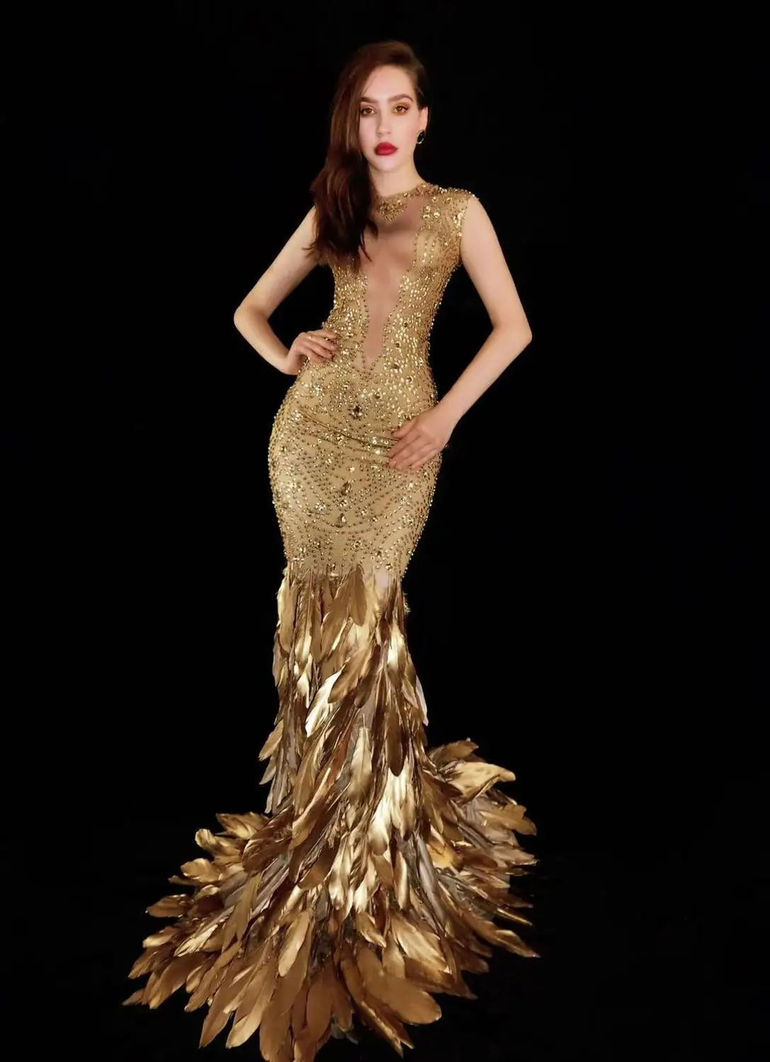 Luxury gold feather dress long evening dresses party girl women birthday celebrate outfit dj singer stage performance show wear