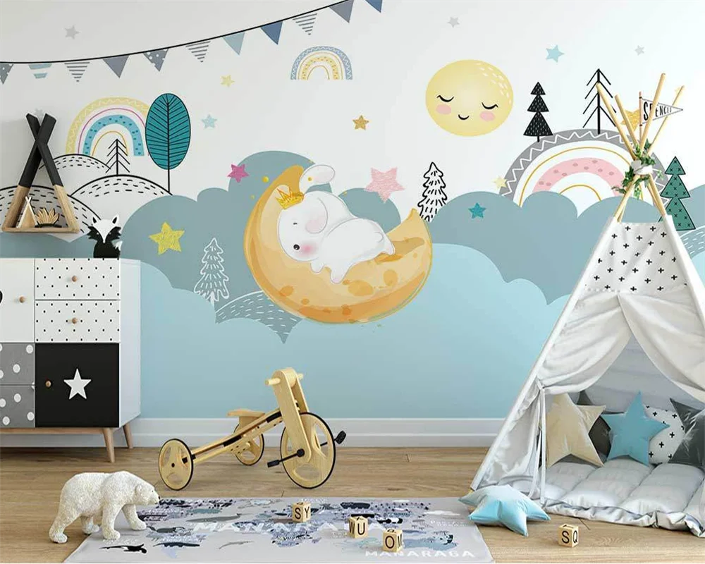 

Beibehang на заказ, современная скандинавская ручная роспись, звездное небо, луна, белый кролик, фон для детской комнаты, papel de pared обои