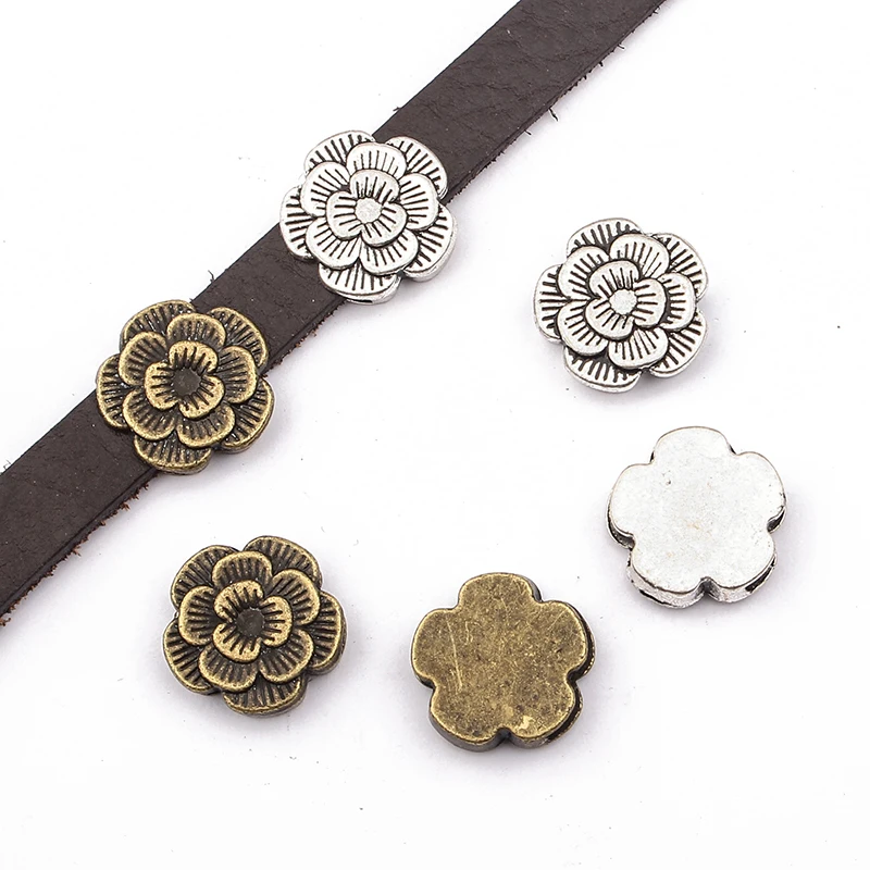 10Pcs Alloy Sun Seed Beads Flowers Slider Spacer Beads For 5mm/10mm/12mm/14mm Flat Leather Cord DIY Jewelry Making Accessories