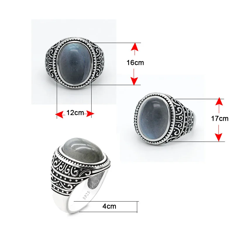 Solid 925 Sterling Silver Men Ring with Natural Labradorite Stone Retro Punk Thai Silver Ring for Male Female Turkish Jewelry