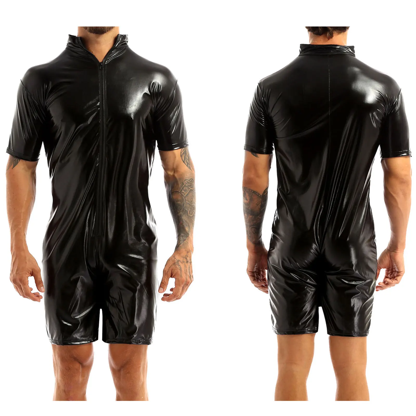 Sexy Latex Lingerie Bodysuit For Men One-piece Wet Look Patent Leather Front Zipper Boxer Briefs Leotard Bodysuit Nightwear