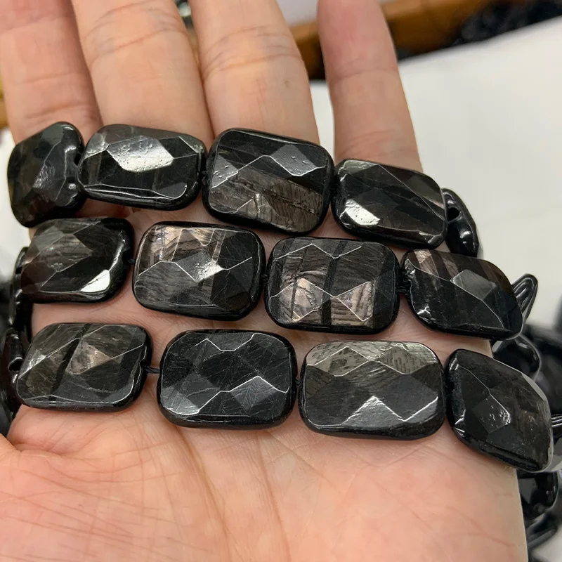 Natural Black Hypersthene Stone Beads 15'' Faceted Rectangle DIY Loose Beads For Jewelry Making Beads Women Men Necklace CAB