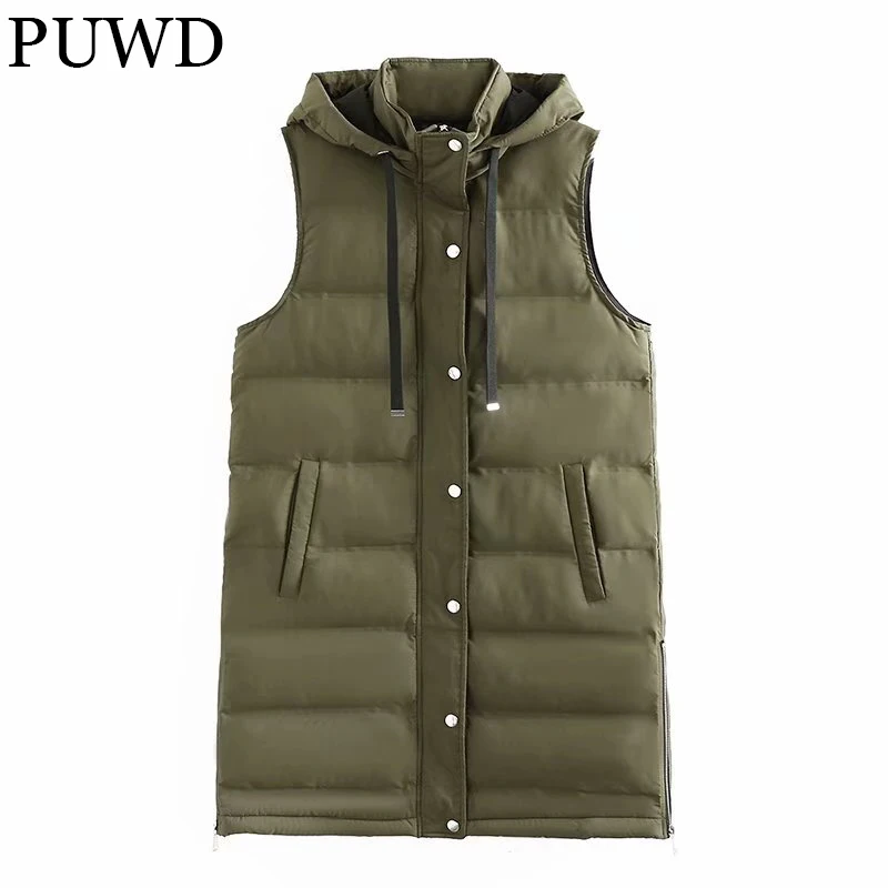 

PUWD Casual Women Long Green Hooded Cotton Jacket Vest 2021 Winter Trend Retro Solid Parka Warmth Slim Female Chic Thick Outwear