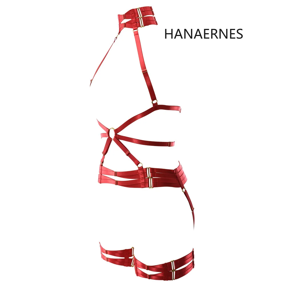 HANAERNES Red Wine Sexy Hollow Cage Adjustment Chest Strap Body Harness Wedding Bride Leg Garter Belt Gothic Cage Harness Set