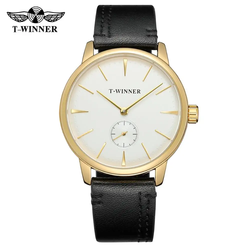 T-WINNER fashion simple casual men\'s and women\'s watches white dial gold case black strap automatic mechanical watch