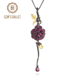 Gem's Ballet Black & 18K Goud Over 925 Zilveren Twee Tone Handgemaakte Rose Bloem Natuurlijke Rhodoliet Granaat Hanger Ketting voor Vrouwen