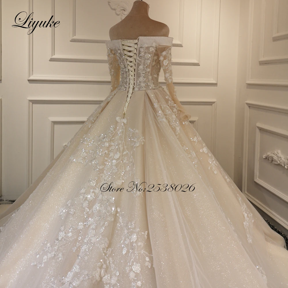 Liyuke-vestido de novia de lujo, traje brillante de una línea con tren real, hombros descubiertos, manga larga