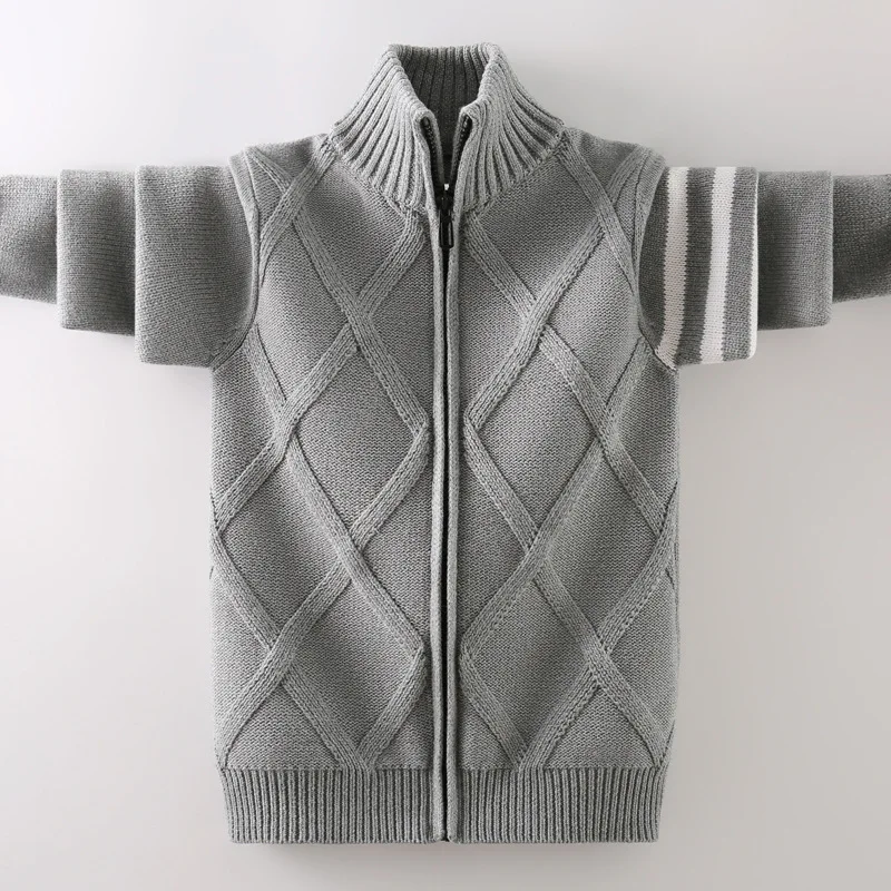 Boys Cotton Cardigan Knitted Sweater Stand Collar Zip Design Kids School Uniform Coat For Children 4 -15 Years Jacket Outerwear