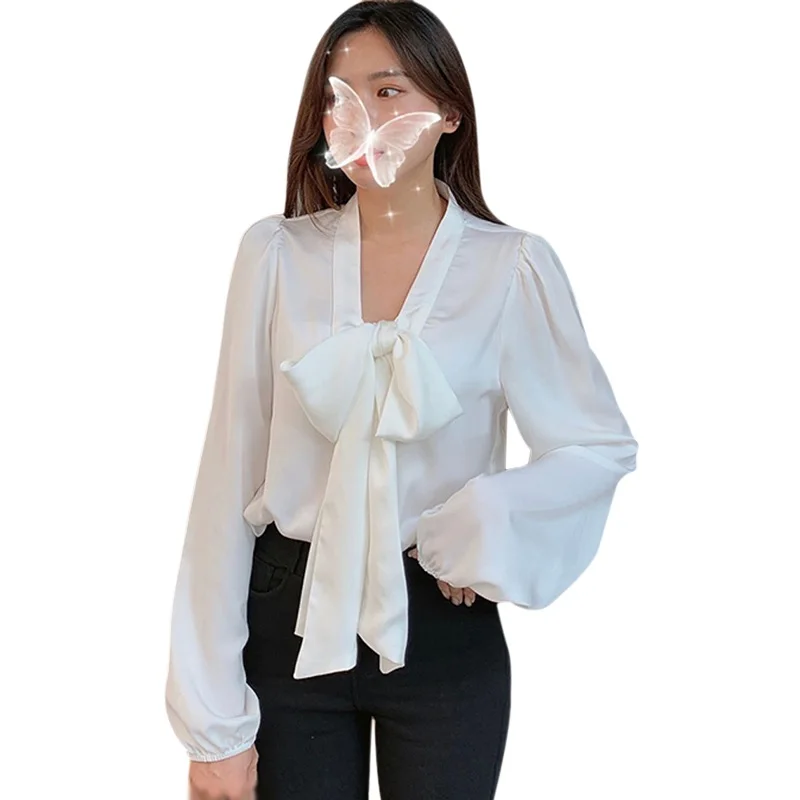 Women's V Neck Solid Bow Sweet Blouse Long Sleeve Casual White Shirt Summer Ladies Clothing