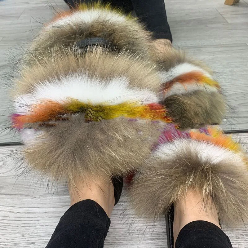 New Furry Women Colorful Fur Slippers Outdoor Open Toe Fluffy Fur Slides Vendor Plush Flip Flops Ladies Home Warm Sandals Shoes