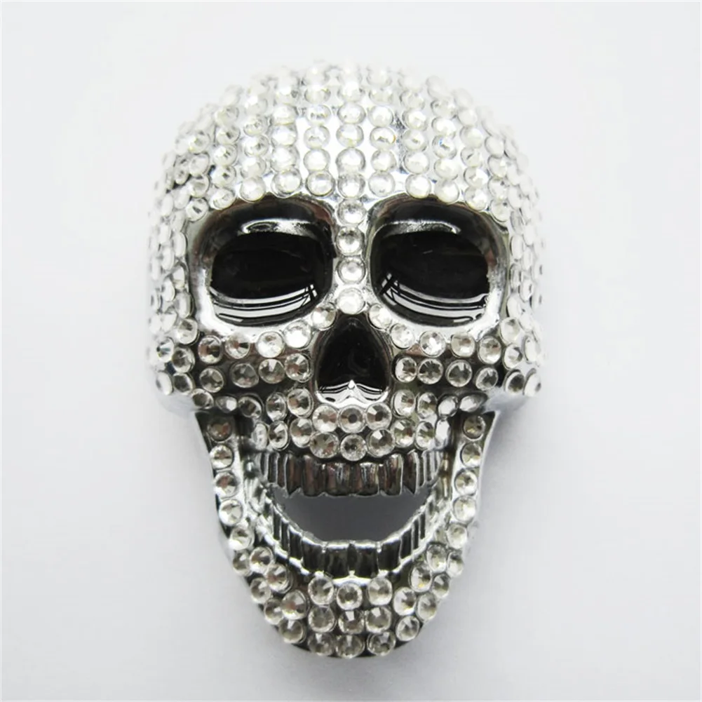 Bright Silver Enamel Rhinestones Bling Skull Belt Buckle SK021 Free Shipping