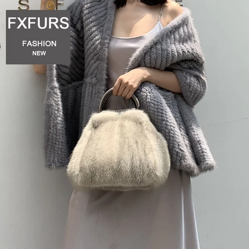 2020 Fxfurs Fashion New Fur Women\'s Bag Whole Leather Mink Fur Bag Trendy Fashion Hand Holding Tote Bag Luxury Wrist Bag