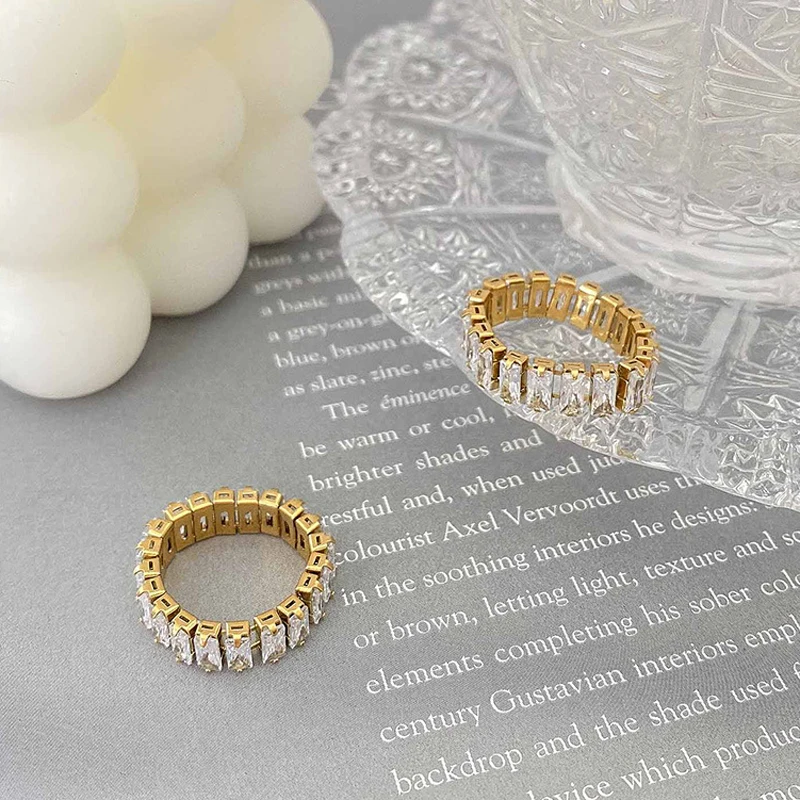 Stainless Steel Inlaid A Circle Square Crystal Ring For Women Fashion Jewelry Exquisite Brand Gold Color Love Rings Wholesale