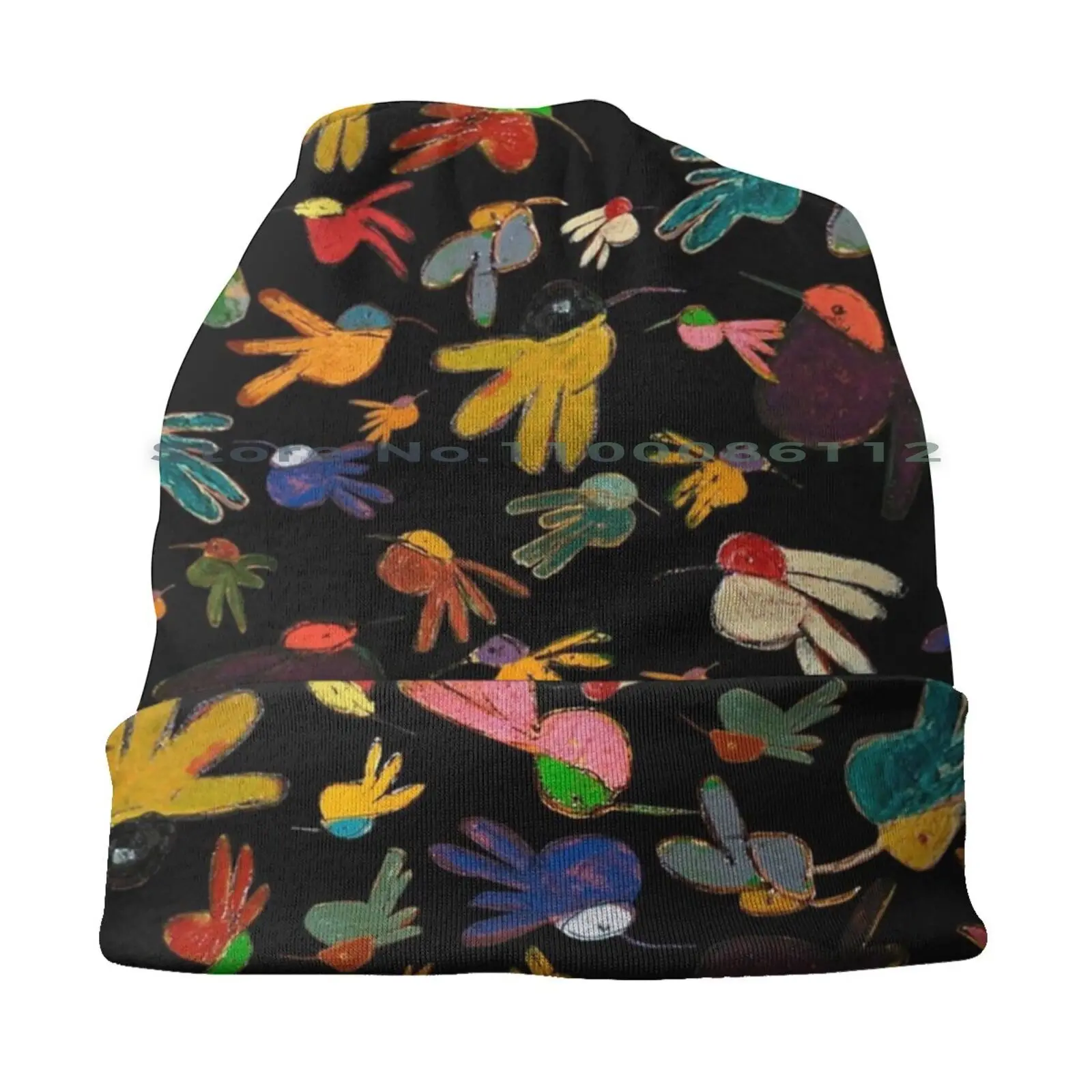 Multicolor Hummingbirds On Black Beanies Knit Hat Hummingbird Multicolor Colorful Pattern Brimless Knitted Hat Skullcap Gift