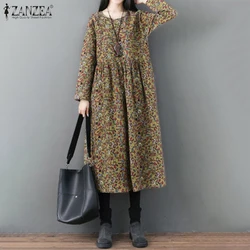 ZANZEA Spring Bohemian Floral Printed Midi Dress Women Vintage Long Sleeve Cotton Linen Sundress Casual Retro Vestido Kaftan