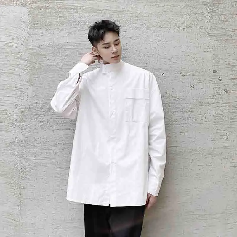 

Men's solid color shirt men's autumn long sleeve stand collar literature and art cool wind minimalist retro shirt fashion abstin