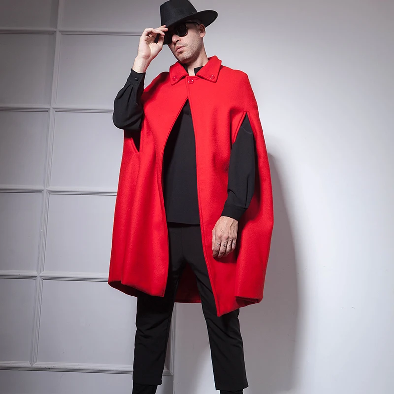 Big red mid-length shawl cape cape European and American male nightclub hip-hop bar host DS woolen coat