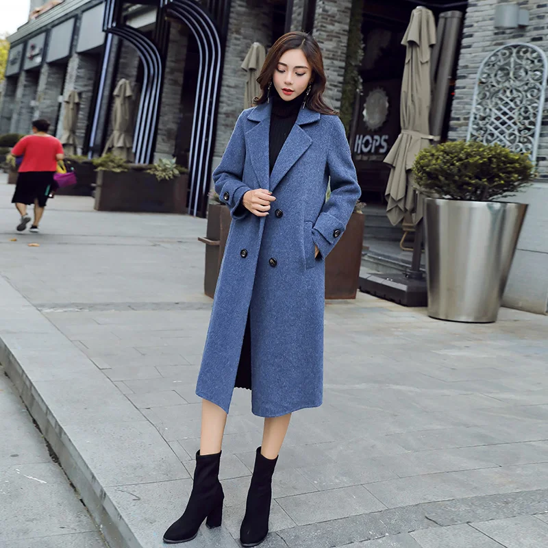 

HANZANGL Autumn winter plus size woolen coat women long section Double Breasted Turn-down Collar blue ladies wool coats overcoat