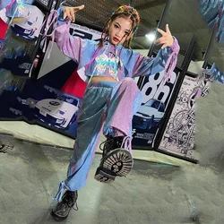 Shining Multicolor Butterfly Pattern Outfits for Girls Kids Jazz Hip Hop Clothing Velvet Sweatshirt Pants Streetwear XS1116