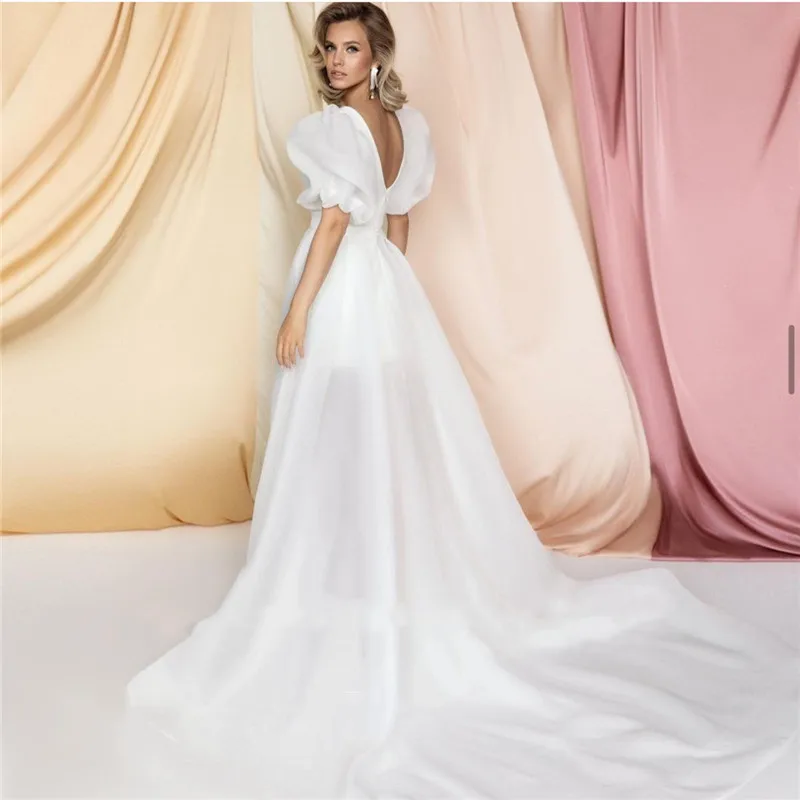 Simple Tulle Detachable Short Skirt Wedding Dress Elegant V-Neck A-Line Short Puffy Sleeves Open Back Bridal Gown Customized