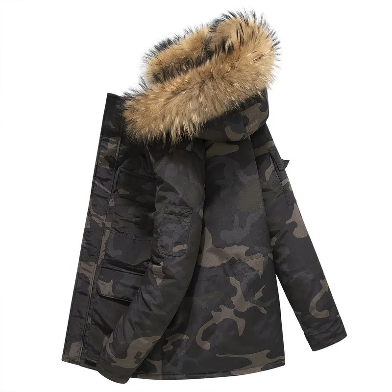 

Men's Camouflage Down Jackets Winter Thick Warm Casual Slim Fur Collar Hooded Coats Windbreaker White Duck Down Parka Overcoat